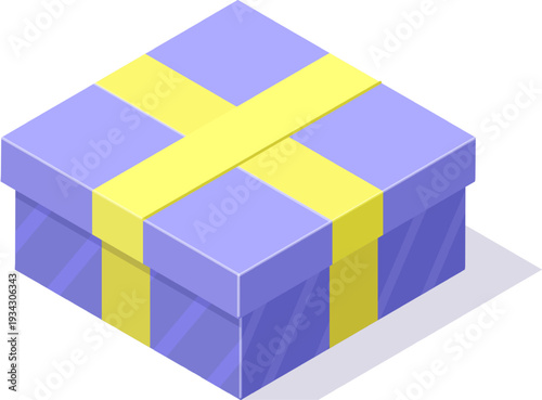 Isometric purple gift box with yellow ribbon delivering surprise