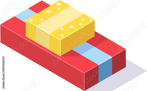 Stacking red and yellow gift boxes isometric illustration