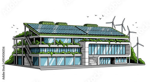 Modern Eco Friendly Building with Solar Panels and Wind Turbines.
