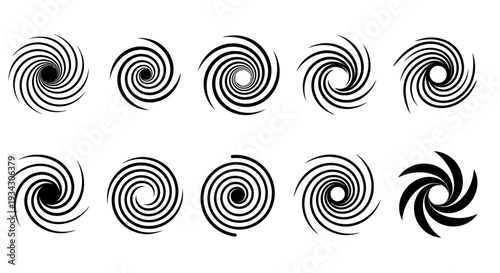 Funnel or swirl icons. Black vortex logo. Set of spiral element. Funnel icon collection