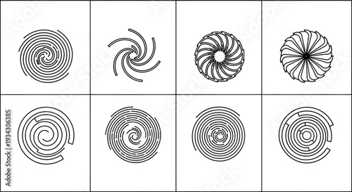 Large collection of black spiral icons and swirl symbols in various graphic styles, including vortex, tornado, and hurricane shapes for design elements and logos
