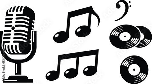 Retro monochrome vector art close up vintage microphone with musical notes and vinyl records horizontally flat design graphic low angle view isolated white background high contrast