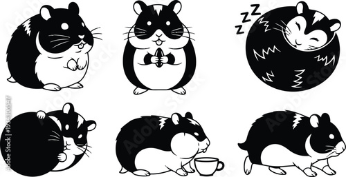 Vector art close up six black and white hamster icons showing nibbling holding seed sleeping curled rolling drinking cup playful sidelong profile isolated on white background