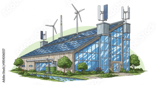 Modern Eco Friendly Building with Solar Panels and Wind Turbines.