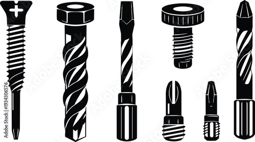 Minimalist vector art close up of assorted screws drill bits and screwdriver tips arranged in a row high contrast black and white technical icon set layout