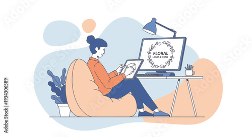 Artist creating floral design on digital tablet, modern workspace, graphic design