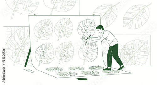 Artist creating Monstera leaf illustration on large canvas, inspired by nature