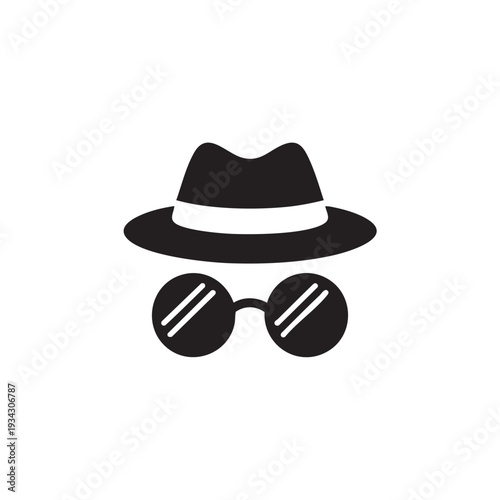 Simple illustration of a fedora hat and sunglasses on a white background from a straightforward front viewpoint.
