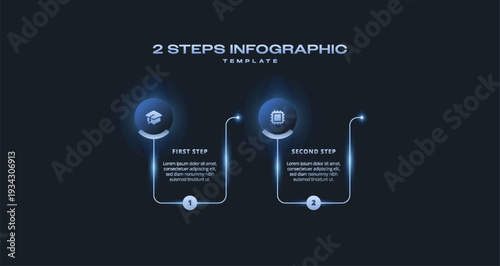 Dark Tech Infographic Template with Gradient Diagram and Connected Line, 2 Step Vector Workflow Layout for Presentations, Banners, Flowcharts, Business Reports, and Modern Digital UI Design Assets