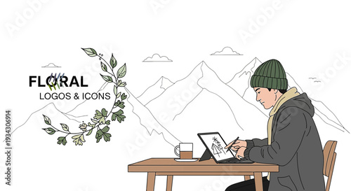 Artist Designing Floral Logos & Icons on Tablet Amidst Mountain Scenery