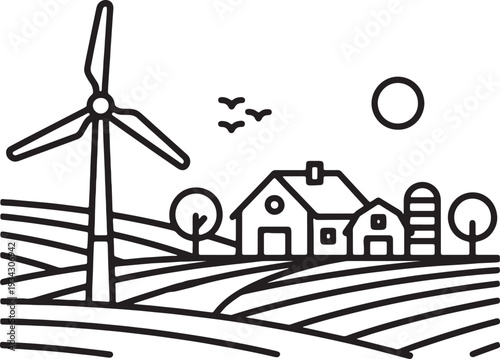 Farm with wind turbine and house in rural landscape