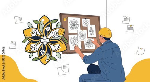 Artist Designing Floral Mandala on Cork Board with Sketches