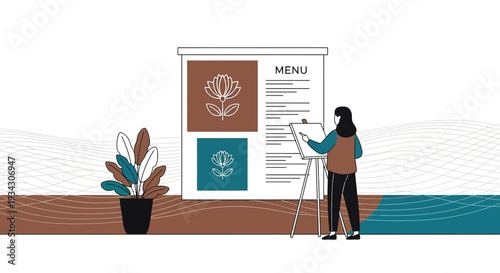 Artist Designing Floral Menu Board with Plant Illustration