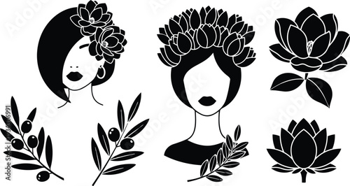 Minimalist vector art close up front facing female portraits wearing lotus and succulent floral crowns with olive branches and lotus icons black silhouette flat design minimal