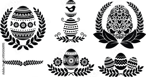 Black and white easter vector wreaths with ornate patterned eggs arranged in laurel frames close up decorative floral ornaments folk style silhouettes and elegant symmetrical designs