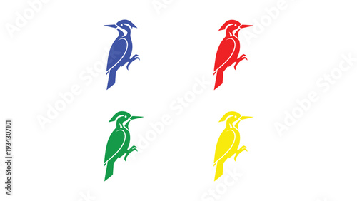 Four stylized birds in vibrant colors standing on one leg