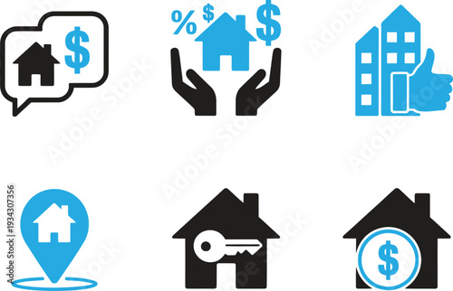 real estate investment and property communication icon set. mortgage, home loan, and house location. vector illustration