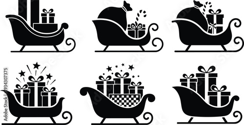 Colorful flat design sleigh packed with wrapped gifts and santa claus sack and candy cane details side view on white background festive holiday icon minimalist vector