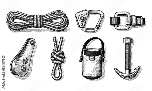 Vector climbing gear set on transparent background vintage engraving style illustration