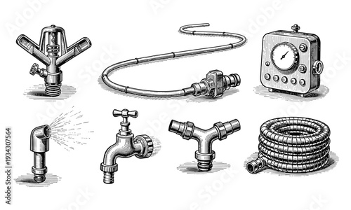 Vector irrigation system components on transparent background engraving style