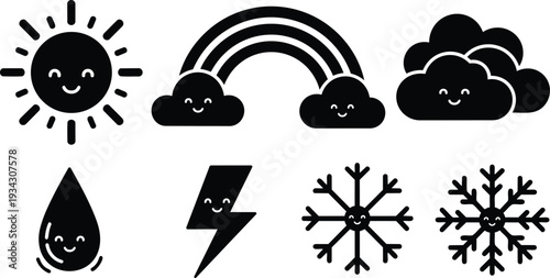 Flat design close up smiling weather icons set sun cloud rainbow raindrop lightning snowflake simple black silhouettes on white background cute minimalist vector art playful emoji