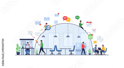 Modern Office Workflow & Digital Communication. Business Team Managing Tasks, Messages, and Productivity with Technology Integration.