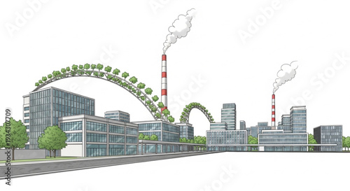 Modern city skyline with green infrastructure and industrial elements.