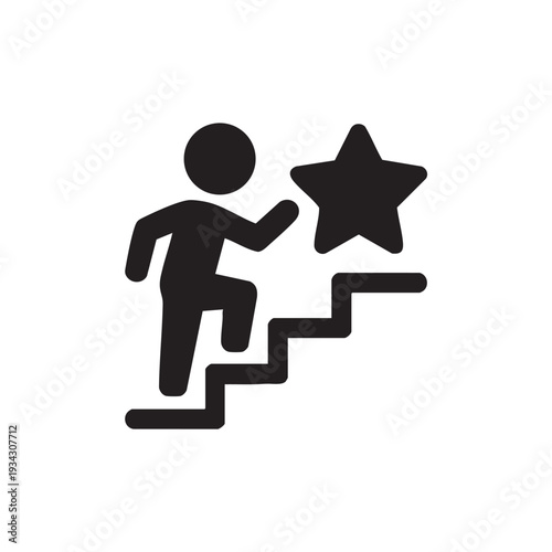 A person climbing stairs towards a star, symbolizing progress and achievement in a simple illustration from a side viewpoint.