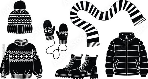 Flat design close up knitted pompom hat striped scarf mittens and puffer jacket with zipper combat boots and fair isle sweater arranged on white background isolated