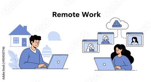 Remote Work and Virtual Team Collaboration Illustration with People Working from Home