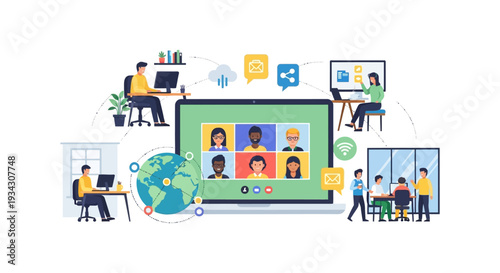 Remote Work and Online Video Conference Collaboration. Global Business Team Meeting and Digital Communication.