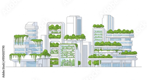 Modern city skyline with vertical gardens and green architecture.