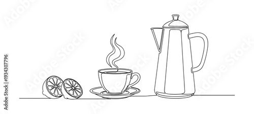 Vector single line art of coffee set with lemons on transparent background