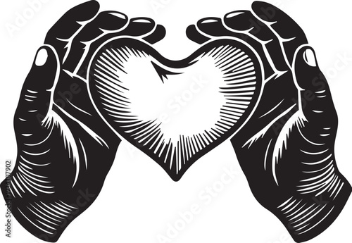 A romantic red heart with wings held in a woman's hand as a vector illustration symbol for a wedding card design featuring a silhouette of a couple and a cat