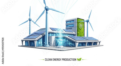 Modern Clean Energy Production Facility with Wind Turbines and Solar Panels.