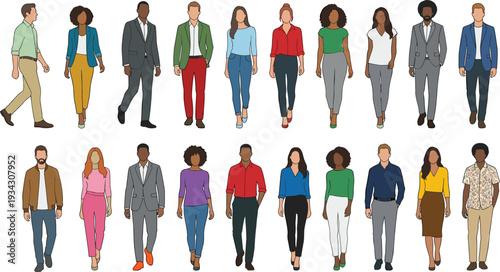 Diverse Business People Walking Collection with Multicultural Men and Women Characters in Modern Office Outfit Vector IllustrationDiverse Business People Walking 