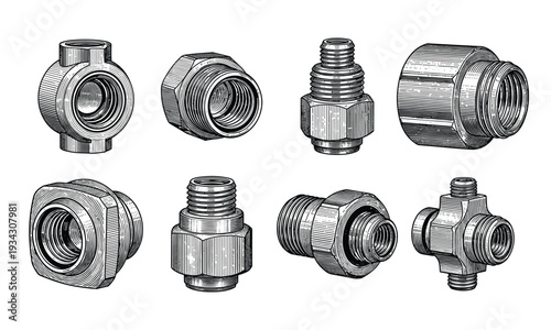 Industrial vector pipe fitting collection mechanical elements set on transparent background