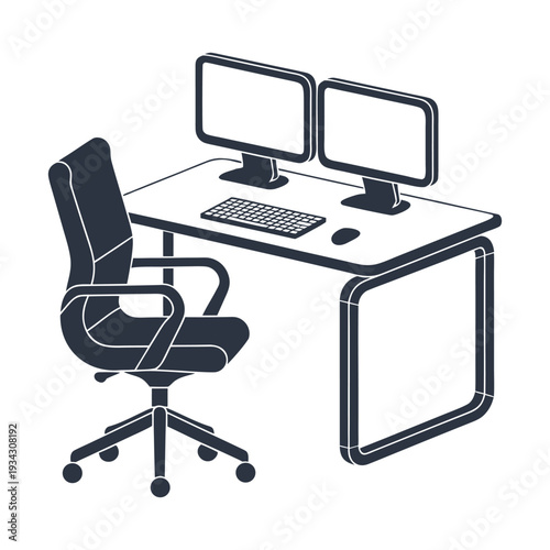 Black office chair and desk with two monitors and keyboard computer