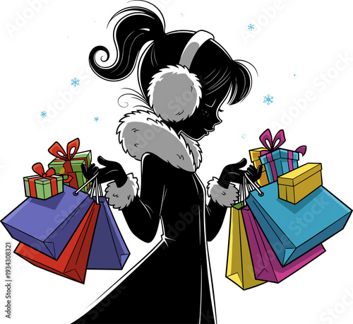 Winter holiday shopping silhouette illustration of person with earmuffs and coat holding bags and gift boxes, festive season, consumer lifestyle concept