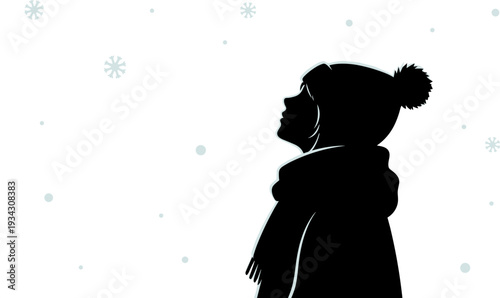 Winter silhouette illustration of child wearing hat and scarf, looking upward with snowflakes background, serene seasonal design, cold weather lifestyle concept