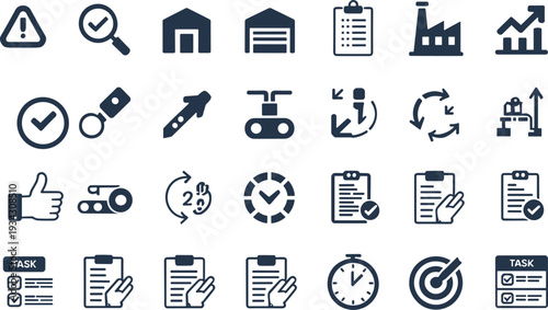 Time icon set with clocks, stopwatches, alarm clocks, hourglasses, calendars, pills with time indicators, scheduling, duration, productivity, minimalist design concept