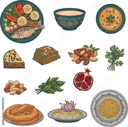 Traditional Middle Eastern Cuisine and Nowruz Food Symbols on White Background