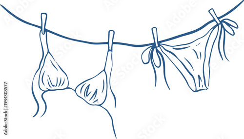 Hand drawn bikini, summer beach accessories dried on a rope. Chalk drying swimsuit. Bra and panties underwear laundry on the clothesline. Vector vacation illustration in ink doodle line art style.