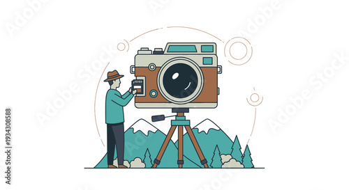 Photographer Capturing Nature Scene with Vintage Camera on Tripod