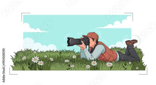 Photographer Capturing Nature in Flower Meadow