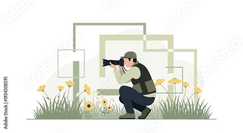 Photographer Capturing Nature's Beauty: Crouching Amidst Wildflowers