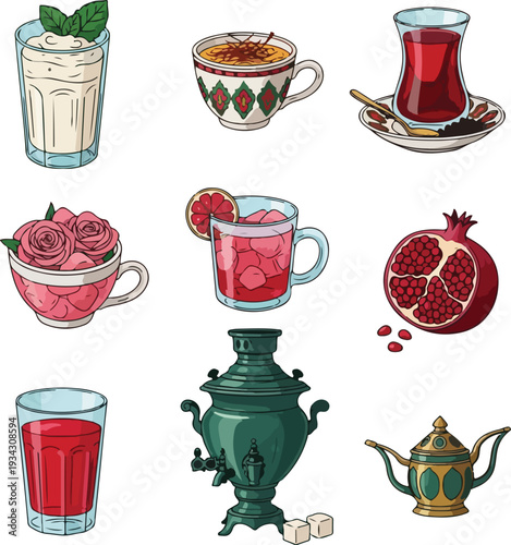 Middle Eastern Tea Culture and Traditional Drinks Collection with Samovar, Pomegranate Juice, and Saffron Tea on White Background