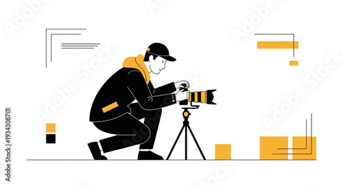 Photographer Crouching with Camera on Tripod, Minimalist Illustration