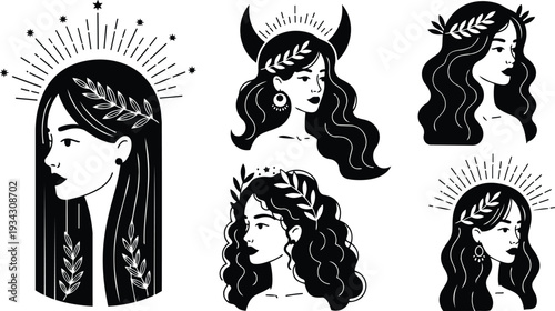 Minimalist vector goddess profile set with laurel wreaths varied hair styles side view close up decorative halo iconography in monochrome flat design illustration elegant stylized linework