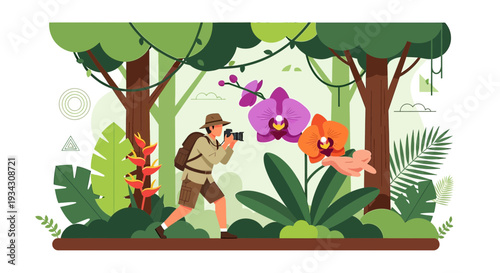 Photographer in Jungle Capturing Exotic Orchid Flowers - Flat Design Illustration